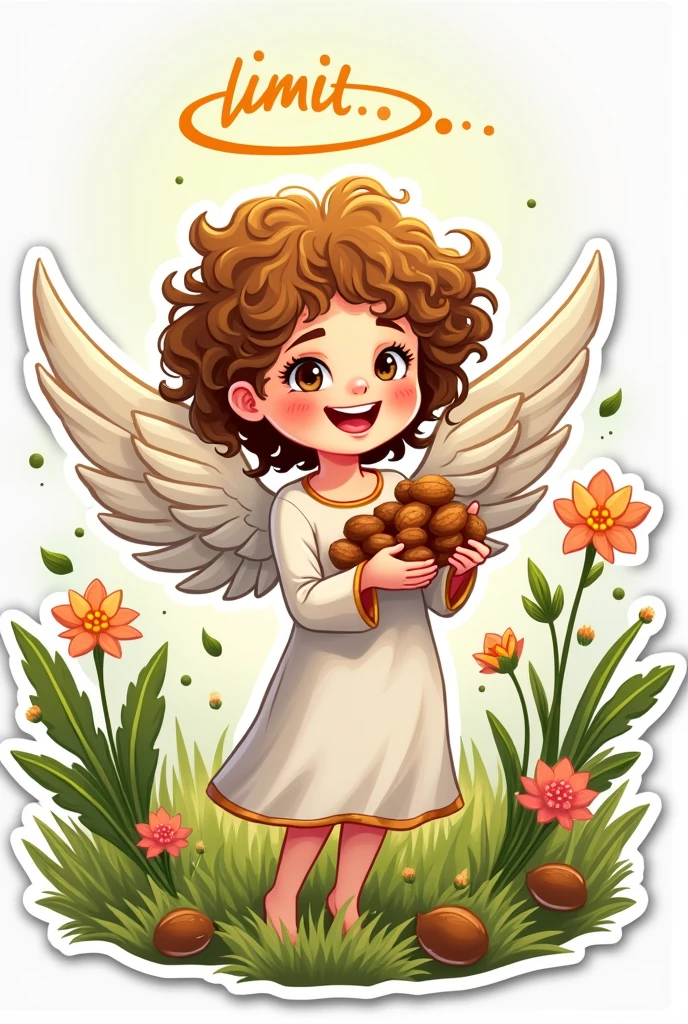 Drawn angel, Sticker, holds nuts, nimbus, curly hair, grass, flowers , joy holiday. Words in beautiful font:, word "limit" in Cyrillic