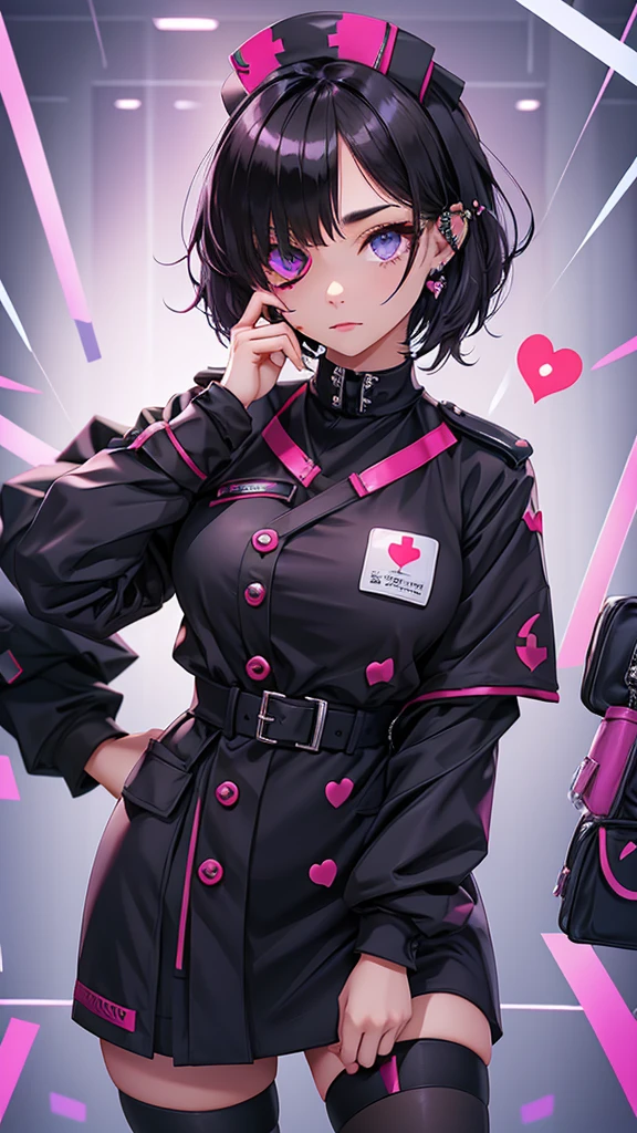 Beautiful girl wearing high-neck punk nurse uniform（20-year-old）She has an eyepatch with a heart mark on one eye, black hair, purple inner color, and short hair.
