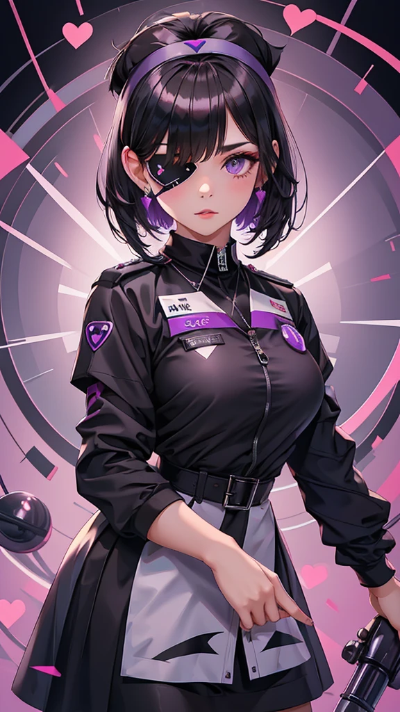 Beautiful girl wearing high-neck punk nurse uniform（20-year-old）She has an eyepatch with a heart mark on one eye, black hair, purple inner color, and short hair.