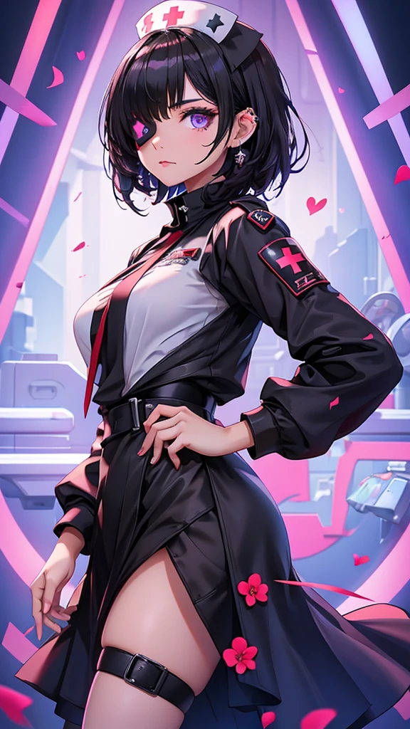 Beautiful girl wearing high-neck punk nurse uniform(20-year-old)She has an eyepatch with a heart mark on one eye, black hair, purple inner color, and short hair.