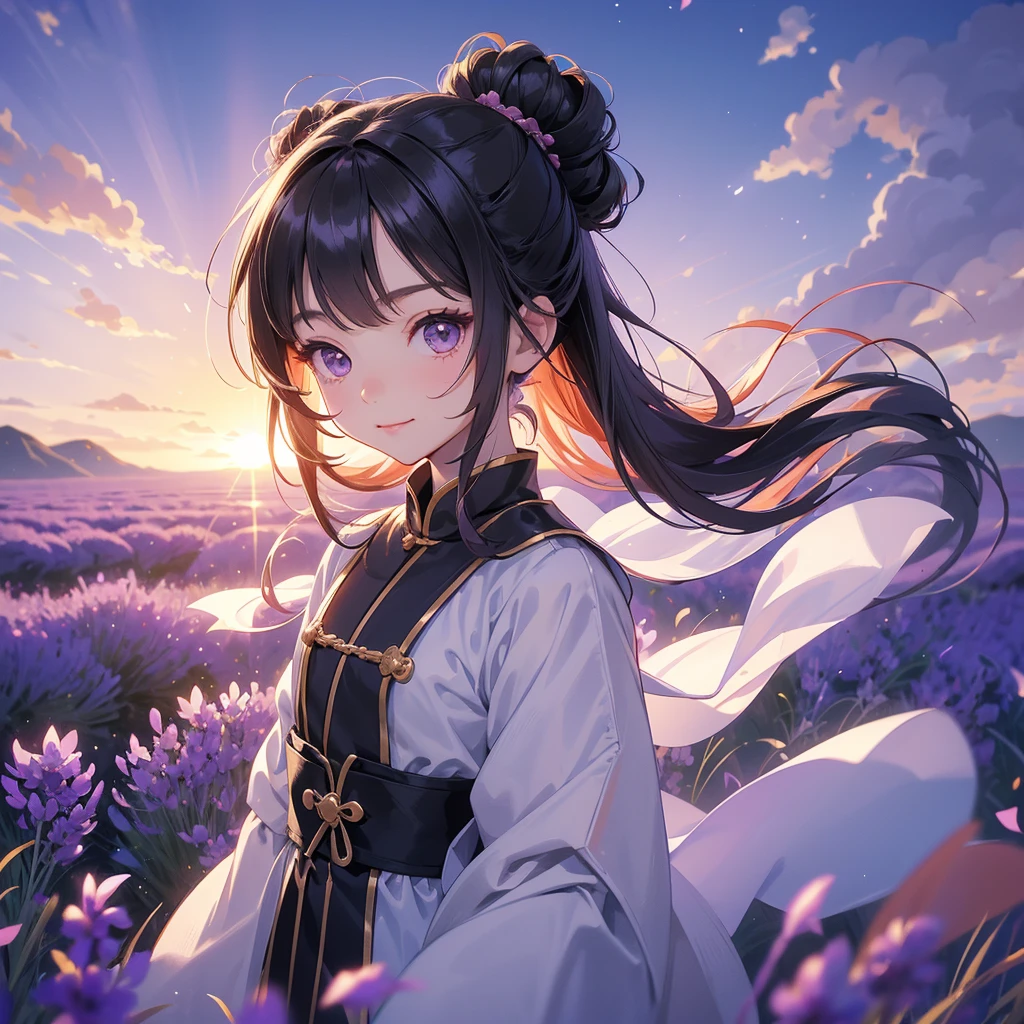A chibi child girl had a small face and Wearing a little Taoist priest's outfit. A pair of big round eyes shone with curiosity about him. This child was so cute! Stroll among the purple lavender fields , There are some floating clouds, her hair is black with two buns on her hair.small chibi, chibi baby, smiling ,Chibi. Sunset.