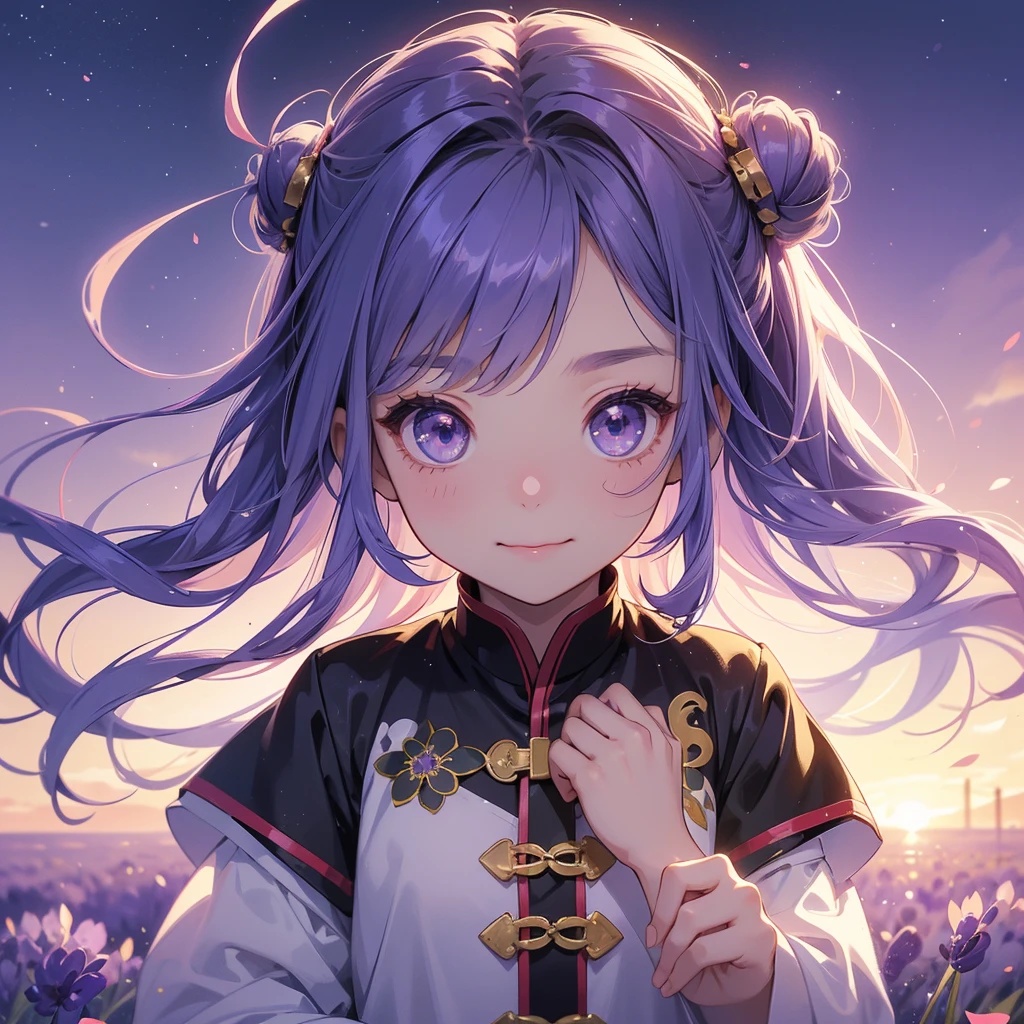 A chibi child girl had a small face and Wearing a little Taoist priest's outfit. A pair of big round eyes shone with curiosity about him. This child was so cute! Stroll among the purple lavender fields , There are some floating clouds, her hair is black with two buns on her hair.small chibi, chibi baby, smiling ,Chibi. Sunset.