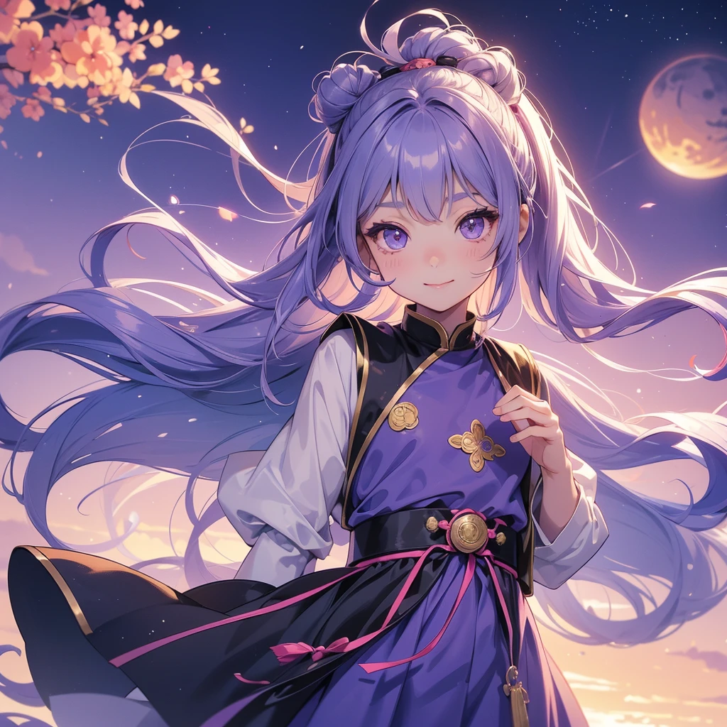 A chibi child girl had a small face and Wearing a little Taoist priest's outfit. A pair of big round eyes shone with curiosity about him. This child was so cute! Stroll among the purple lavender fields , There are some floating clouds, her hair is black with two buns on her hair.small chibi, chibi baby, smiling ,Chibi. Sunset.