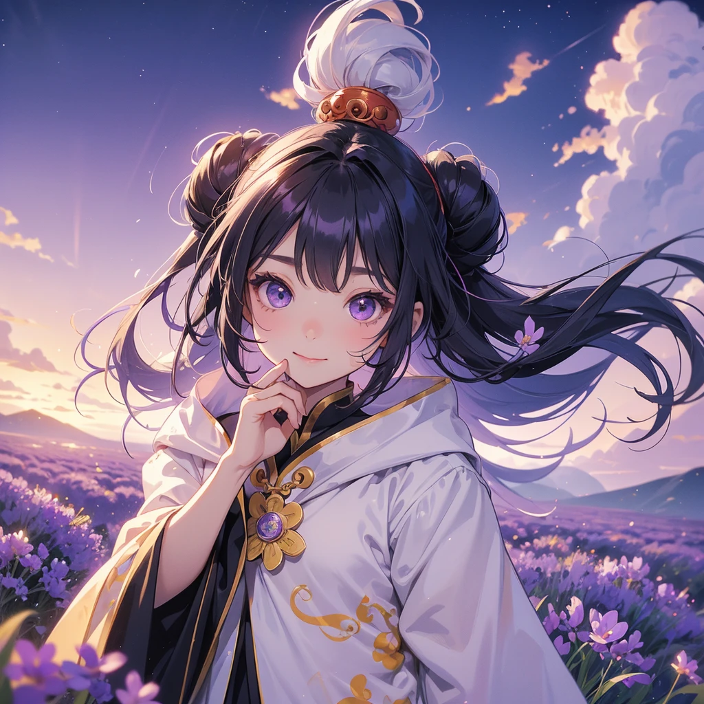 A chibi child girl had a small face and Wearing a little Taoist priest's outfit. A pair of big round eyes shone with curiosity about him. This child was so cute! Stroll among the purple lavender fields , There are some floating clouds, her hair is black with two buns on her hair.small chibi, chibi baby, smiling ,Chibi. Sunset.