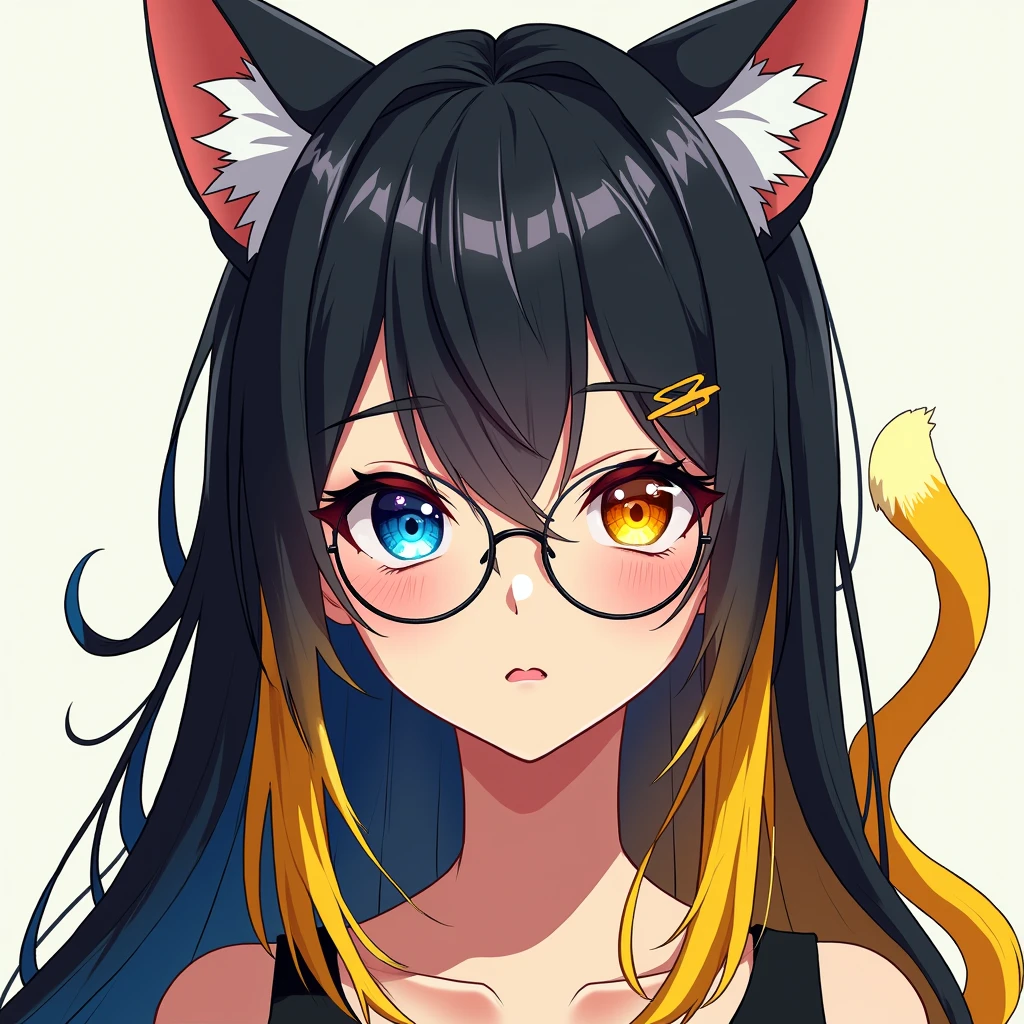 A anime girl with long black hair, yellow hair tail, Colorful Hair, heterochromia, wear round glasses, A pair of cat ears on the head