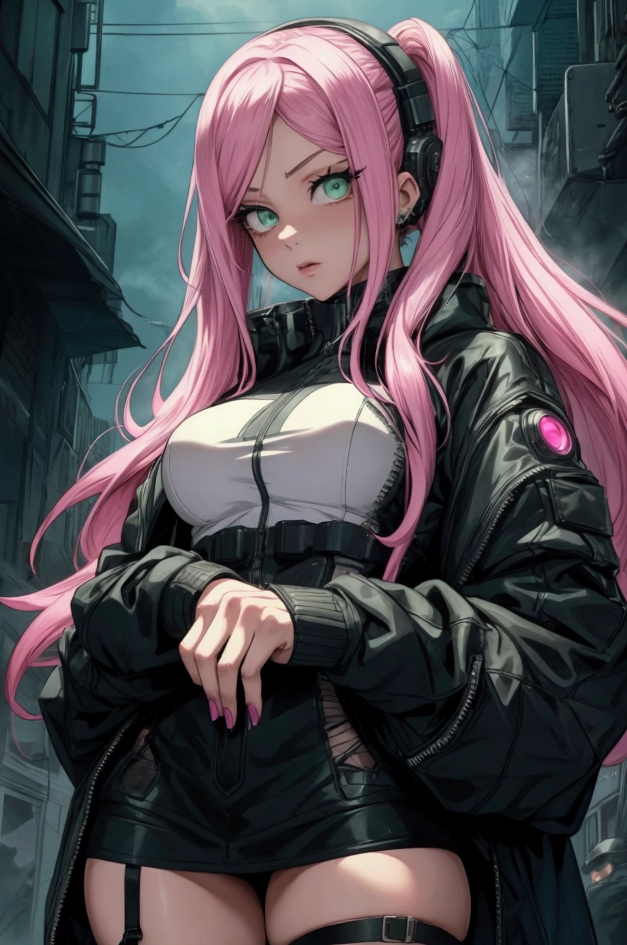 a girl with pink hair that she wears down, and green eyes. She is a villian form MHA. She dresses like she’s in cyberpunk. She has a cyber goth style. She dresses like what but she’s in a modern day time period. 1994. She is in the univers of my hero academia. The smoke. She has kind, almost motherly eyes. She looked like someone to trust. She has very long hair.