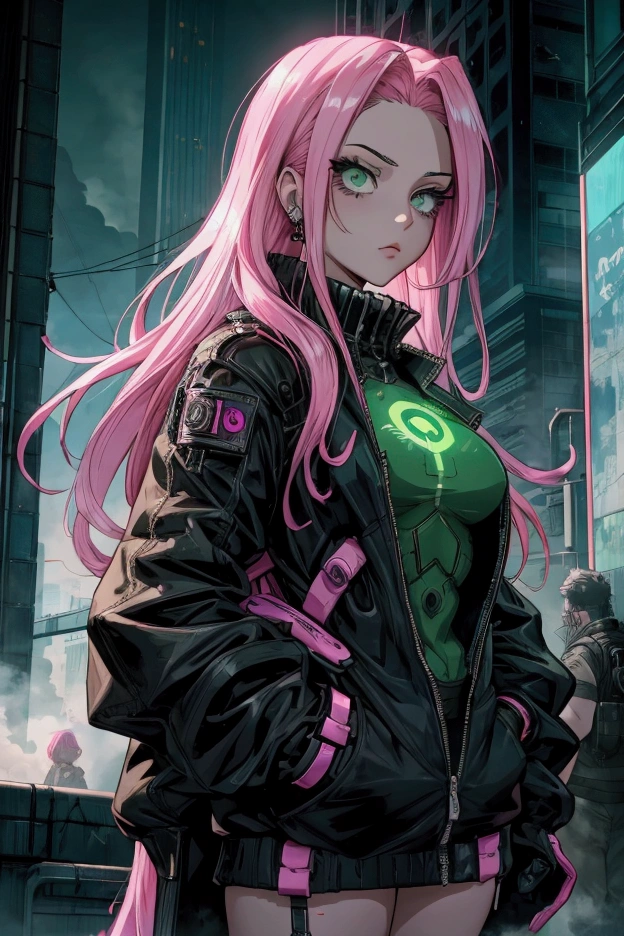 a girl with pink hair that she wears down, and green eyes. She is a villian form MHA. She dresses like she’s in cyberpunk. She has a cyber goth style. She dresses like what but she’s in a modern day time period. 1994. She is in the univers of my hero academia. The smoke. She has kind, almost motherly eyes. She looked like someone to trust. She has very long hair.