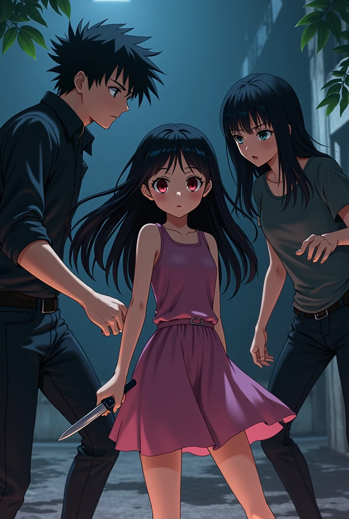 A girl with black hair red eyes is trying to rescue a 14 year old her little bro with blackgreen eyes from some thugs alone in a dark place, the boy is being kept hostage by the thugs, one of the the thugs put a knife in the boy's thorat, the girl is 6 feet away from them anime