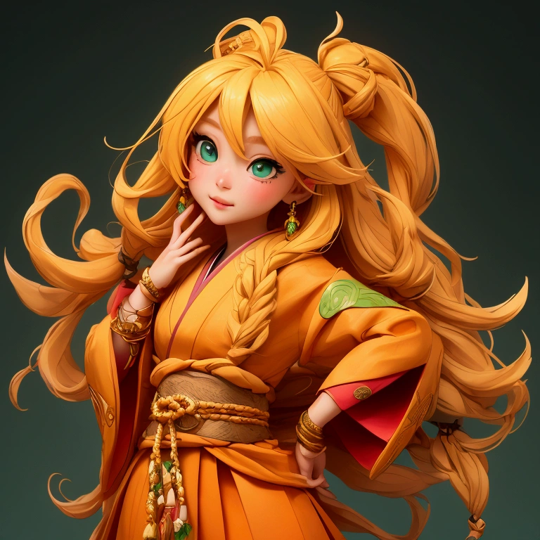 Game Icon,Japanese,Fantasy wind,2.5D,1 Girl,blonde,Long hair,Braided Bangs,Green eyes,Orange clothing,Tribal costumes,happy,Treasure Chest,Treasure,Best picture quality ,HD