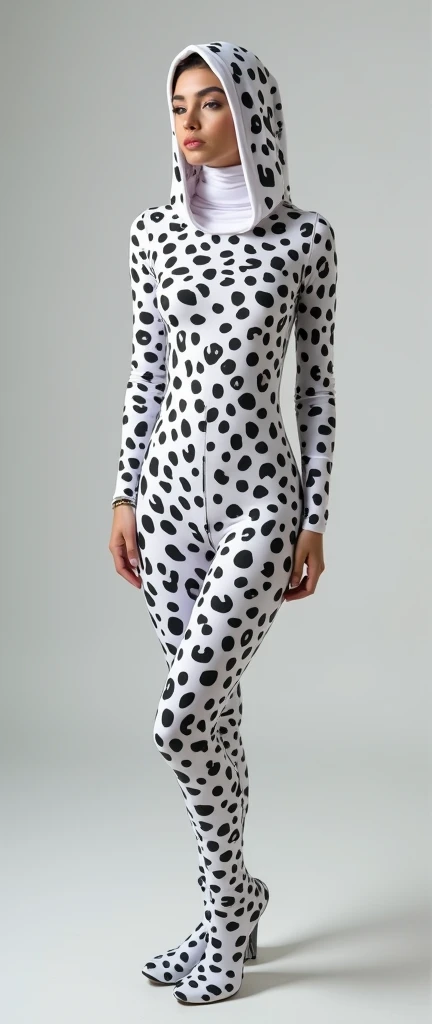 A beautiful  Muslimah women with nice cheeks wear white leopard print Lycra turtleneck unitard catsuit and white leopard print Lycra dancewear zentai hood-like hijab that is very stretchy.