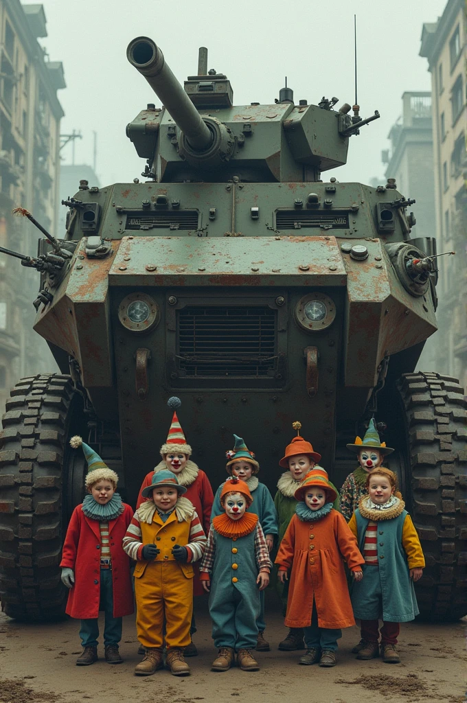 Un char d'assaut avec juste devant une bande de bouffons, clowns et des trisomiques.