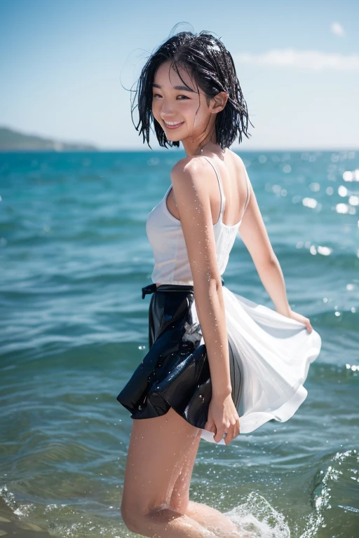 Ocean,12 Talents,((White dress)),woman,Sunlight from above,(Short Bob),Turn around,(smile),Kicking the water at the shore,eye catching,Splattering splashes,Reflector from the opposite side of the sun,瞳にeye catching,(The silhouette of the body is visible),high resolution,High definition,Black Hair,((Wet and stuck skirt)) Waiting to start ,looking at the camera