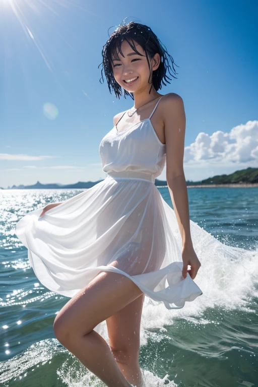 Ocean,12 Talents,((White dress)),woman,Sunlight from above,(Short Bob),Turn around,(smile),Kicking the water at the shore,eye catching,Splattering splashes,Reflector from the opposite side of the sun,瞳にeye catching,(The silhouette of the body is visible),high resolution,High definition,Black Hair,((Wet and stuck skirt)) Waiting to start ,looking at the camera