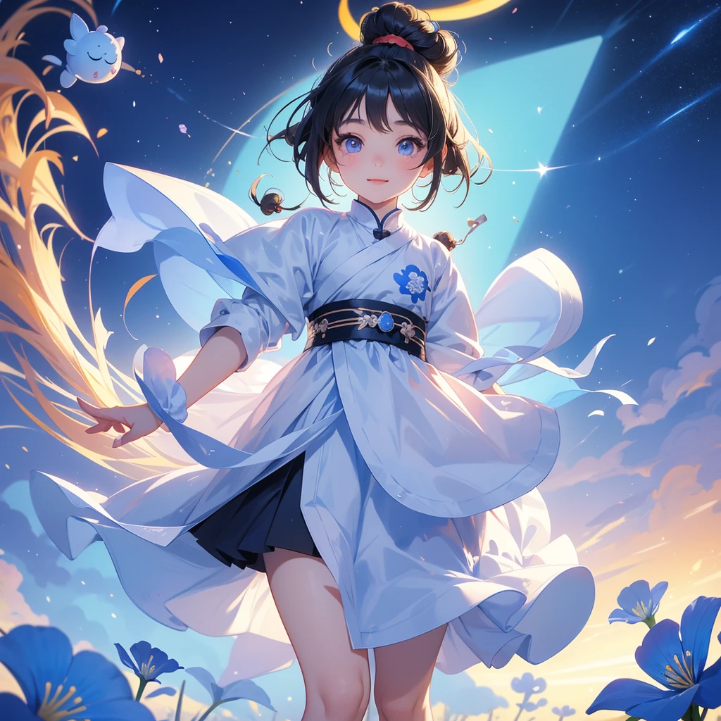 A chibi child girl had a small face and Wearing a little Taoist priest's outfit. A pair of big round eyes shone with curiosity about him. This child was so cute! Strolling among the nemophila fields Glowing blue, There are some floating clouds, her hair is black with two buns on her hair.small chibi, chibi baby, smiling ,Chibi. Sunset.