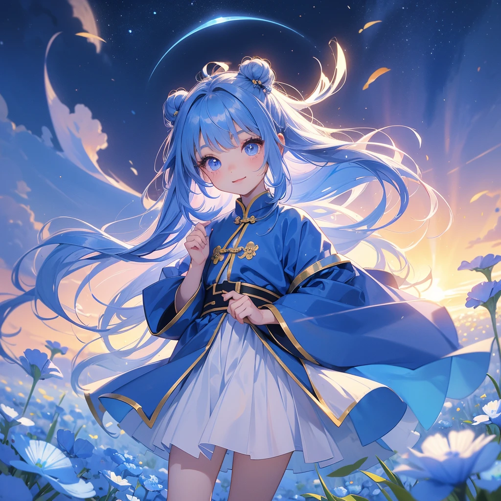 A chibi  girl had a small face and Wearing a little Taoist priest's outfit. A pair of big round eyes shone with curiosity about him. This childso cute! Strolling among the nemophila fields Glowing blue, There are some floating clouds, her hair is black with two buns on her hair.small chibi, chibi baby, smil,Chibi. Sunset.