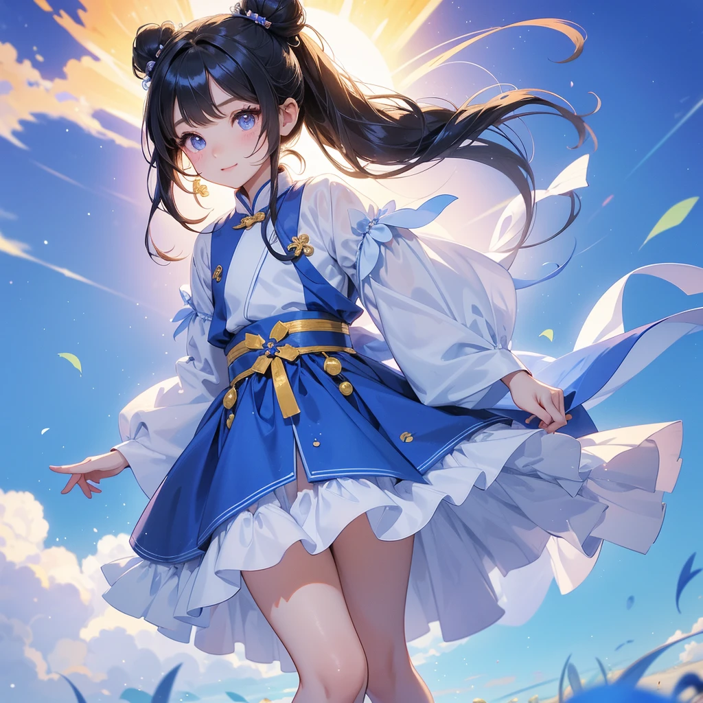 A chibi child girl had a small face and Wearing a little Taoist priest's outfit. A pair of big round eyes shone with curiosity about him. This child was so cute! Strolling among the nemophila fields Glowing blue, There are some floating clouds, her hair is black with two buns on her hair.small chibi, chibi baby, smiling ,Chibi. Sunset.