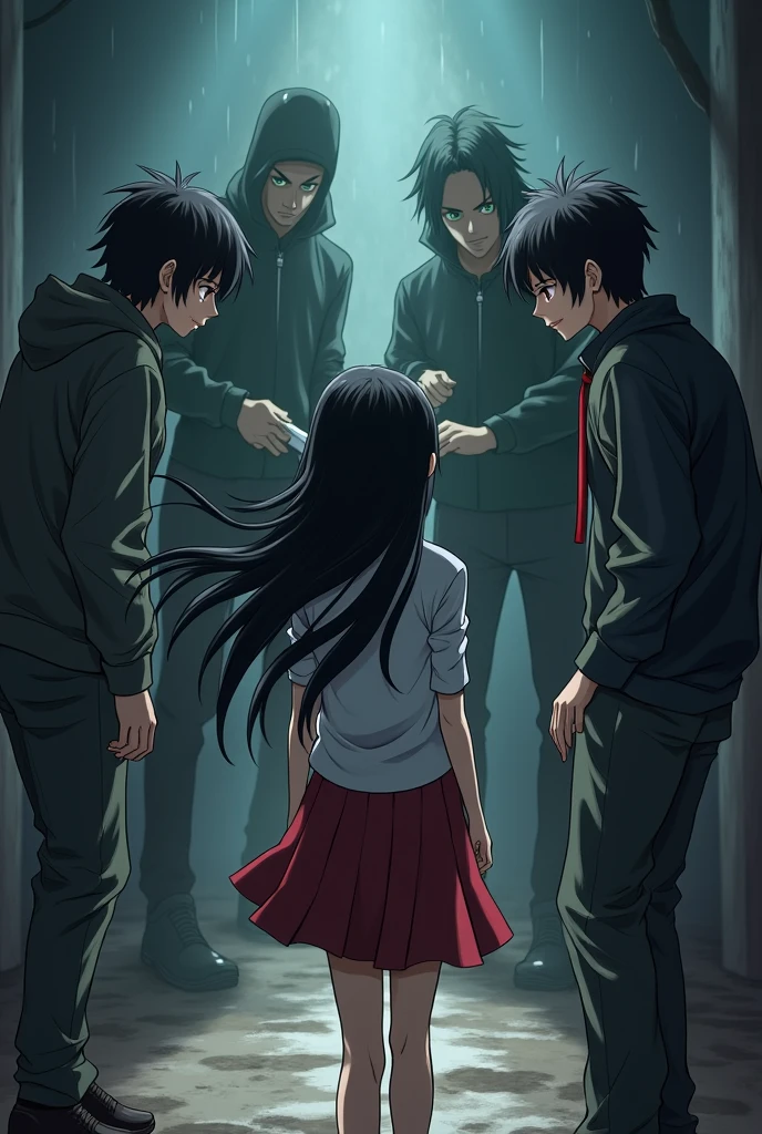 A girl with black hair red eyes is trying to rescue a 14 year old her little bro with blackgreen eyes from some thugs alone in a dark place, the boy is being kept hostage by the thugs, one of the the thugs put a knife in the boy's thorat, the girl is 6 feet away from them anime