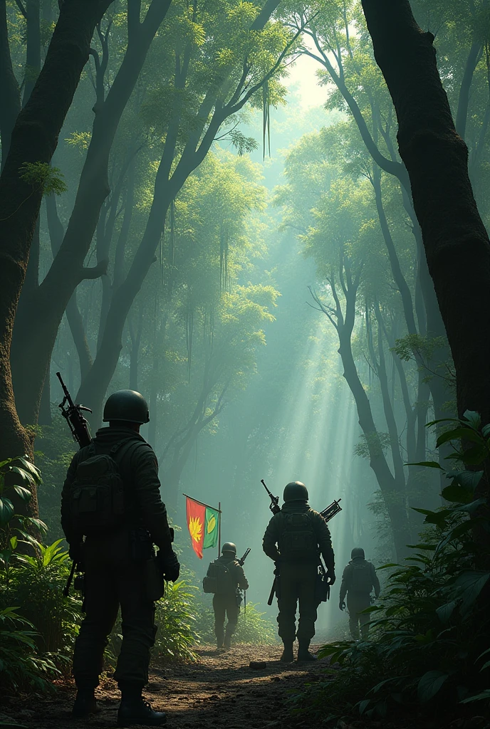Fano guerilla fighters in the scary jungle that has long trees with green,yellow and red flag respectively,