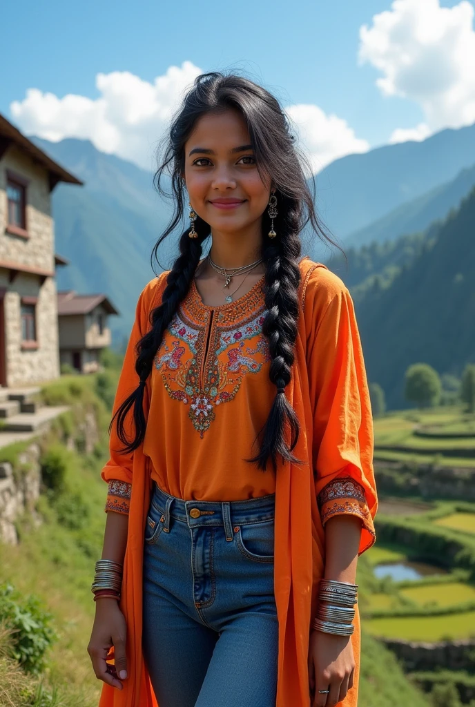 Create a detailed portrait of Vritika Negi, a 21-year-old Kumaoni Hindu woman with a slender build and a height of about 5'5". She has long, black hair styled in a simple braid and expressive brown eyes. Vritika is wearing a vibrant kurta paired with jeans, accessorized with silver bangles and traditional earrings. She stands in a serene Himalayan landscape, surrounded by lush green mountains and terraced fields. The backdrop captures the beauty of her village, with traditional stone houses and a clear blue sky. Her expression is warm and determined, reflecting her deep connection to her heritage and her aspirations for the future.
