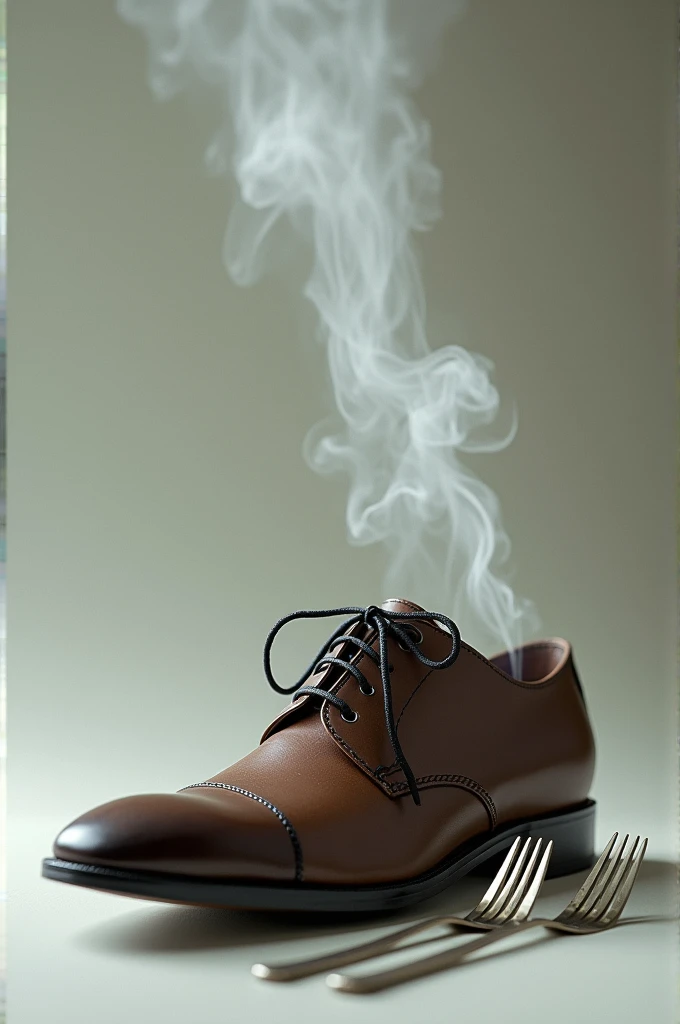 A close-up of a shoe, steam rising from it, with a fork and knife beside it.