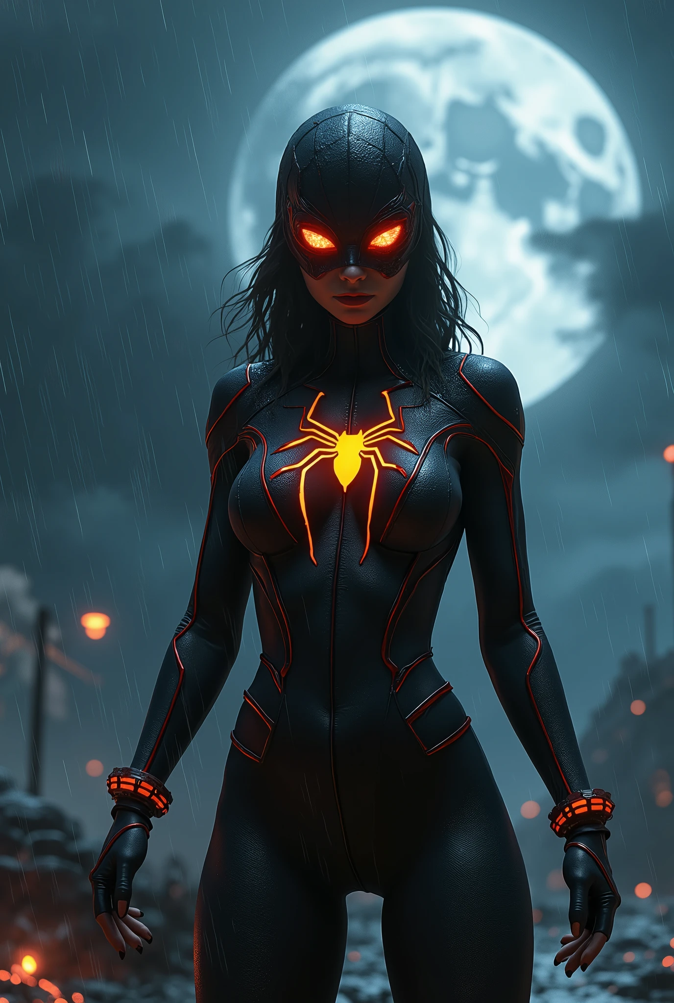 Spider girl,black full body costume,neon spider symbol on fantasy,dark day,giant moon in the sky, moon elimination,rainy clouds,super tight clothes,Broad Hips,torn costume,torn mask showing lips,enveloping seductive mouth,best qualityer,8k,Super focus,Beautiful picture,face ilumined,strong bodie, traces of a fight,just fought 