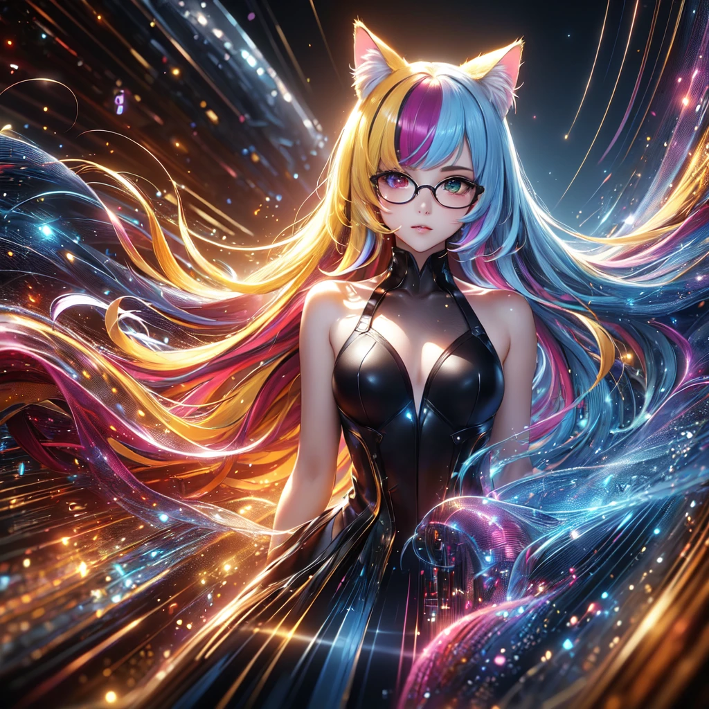 ((8k, best quality, masterpiece, extremely detailed, Rule of thirds)), (((light play, shadow play))), ((abstract background)), ((provocative)), ((glamour photography)), ((cinematic, film grain)), ((anime aesthetic)), ((comic-style)), ((soft light passing through hair)), ((colorful, frenzied)), reflection, shiny, ((1girl, multi-color hair, flowing hair, holographic, wind-blown)), black long hair, yellow hair tail, Colorful Hair, heterochromia, wear round glasses, A pair of cat ears on the head