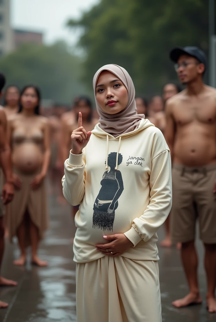 Pregnant, A hijaber indonesian pretty woman, wearing a cream hoodie with a strong vector design featuring a silhouetted image of a five-fingered, texs "JANGAN YA DEK". while holding her long skirt, wearing hijab, one-handed pose pointing upwards, in a public place, surrounded by many naked couples making love, jav idol, with front shooting angle, very realistic, (complex detail: 0.9), (hdr, hyperdetail: 1.2), RAW, Sony Alpha a9 II, 24-105mm f/4, HDR,