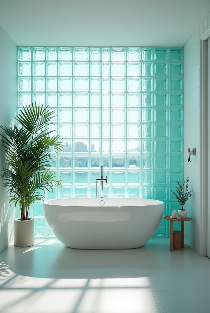 A bathroom with Blass Bock and a retro 80s style plant in white with turquoise