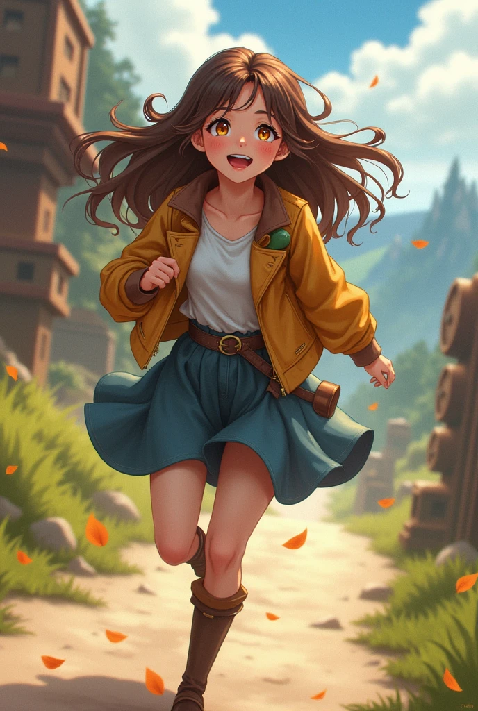 masterpiece, landscape, background photo, woman, glad, long hair, looking at viewer, running, golden eyes, brown hair, on the road, steampunk, full body shot, motion blur、anime