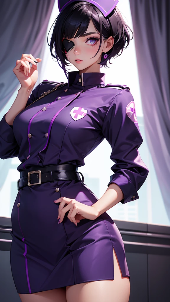 Beautiful girl wearing high-neck punk nurse uniform(20-year-old)She has an eyepatch with a heart mark on one eye, black hair, purple inner color, and short hair.