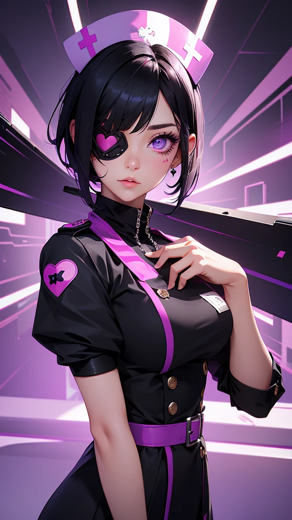 Beautiful girl wearing high-neck punk nurse uniform(20-year-old)She has an eyepatch with a heart mark on one eye, black hair, purple inner color, and short hair.