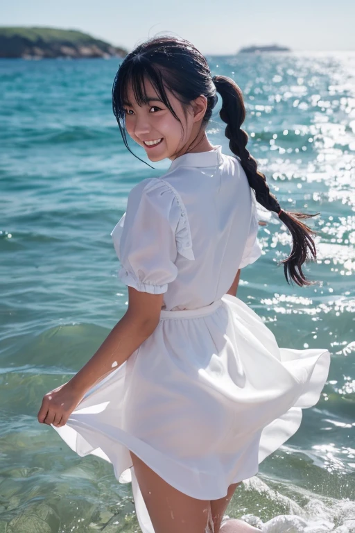 Ocean,15 years old,((White dress)),woman,Sunlight from above,(Twin tail hairstyle),Turn around,(smile),Kicking the water at the shore,eye catching,Splattering splashes,Reflector from the opposite side of the sun,瞳にeye catching,(The silhouette of the body is visible),high resolution,High definition,Black Hair,((Wet and stuck skirt)) Waiting to start ,looking at the camera