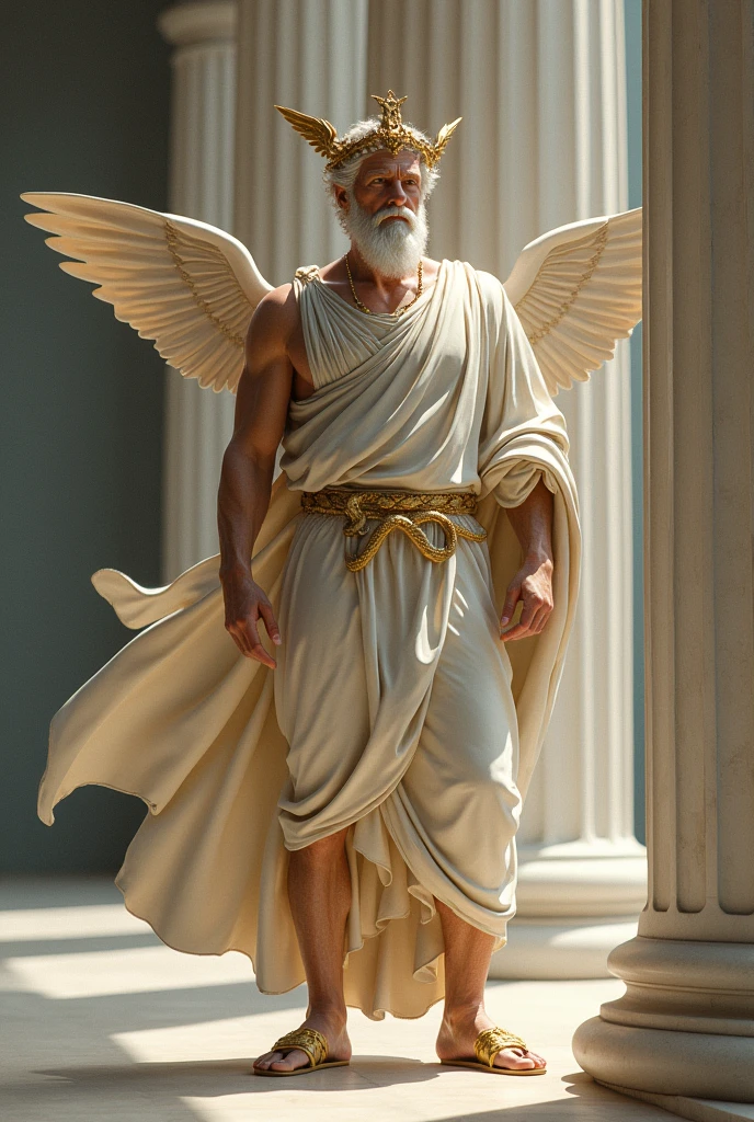 white male, appearance of a greek man, god hermes, travel hat with wings, sandals with wings, Greek caduceus tunic with two intertwined serpents
