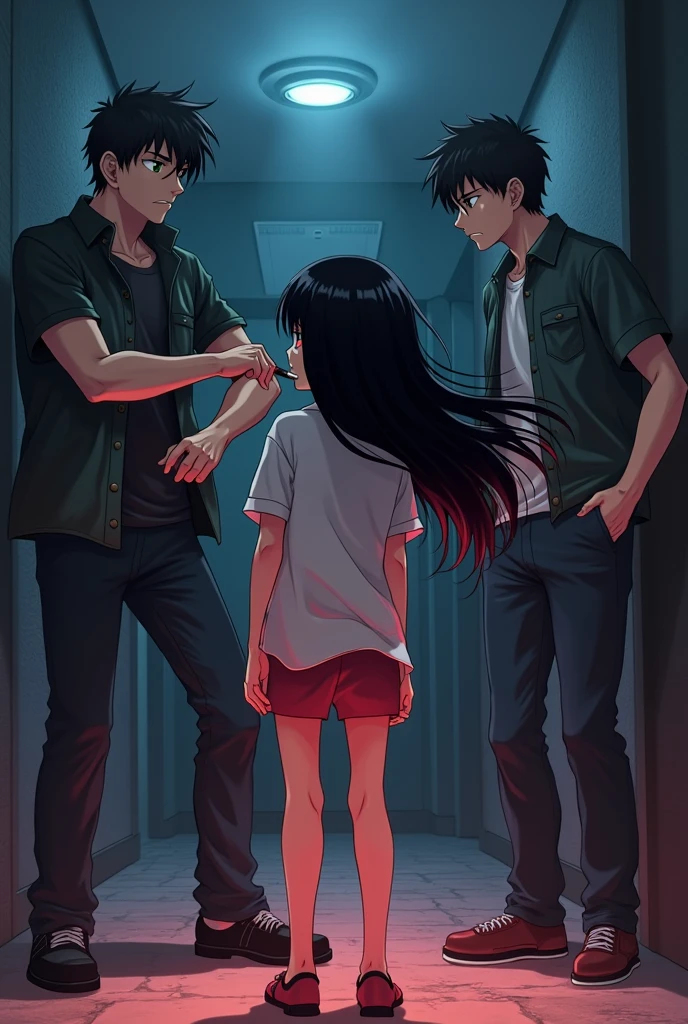 A 16 year old girl with black hair red eyes is trying to rescue a 14 year old boy who is her little bro with black hair green eyes from some thugs alone in a dark place, the boy is being kept hostage by the thugs, one of the the thugs put a knife in the boy's thorat, the girl is 6 feet away from them anime
