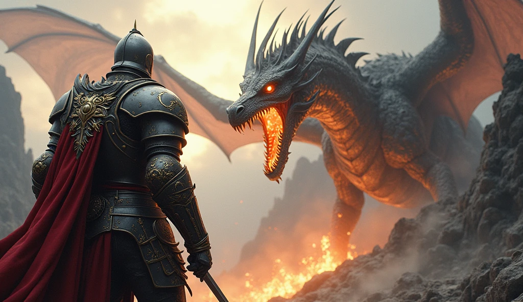 I want him to be an adult warrior in armor facing the great fire-breathing dragon.