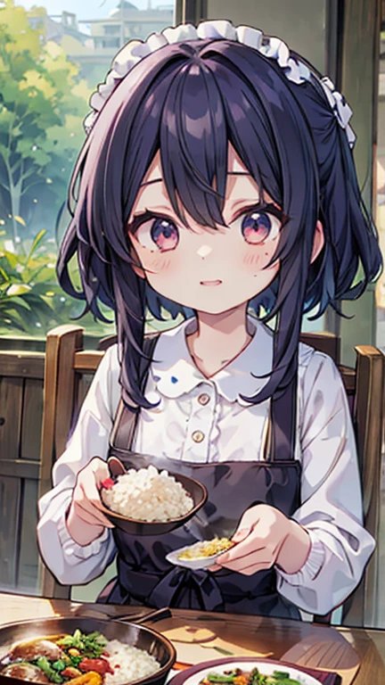 A girl eating delicious rice,Happy expression