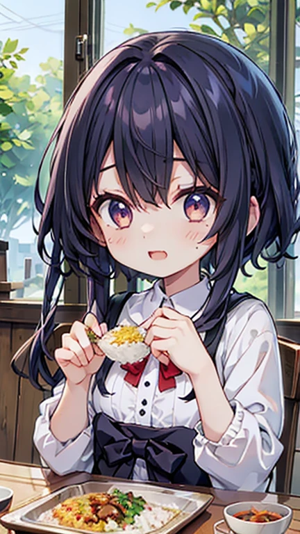 A girl eating delicious rice,Happy expression