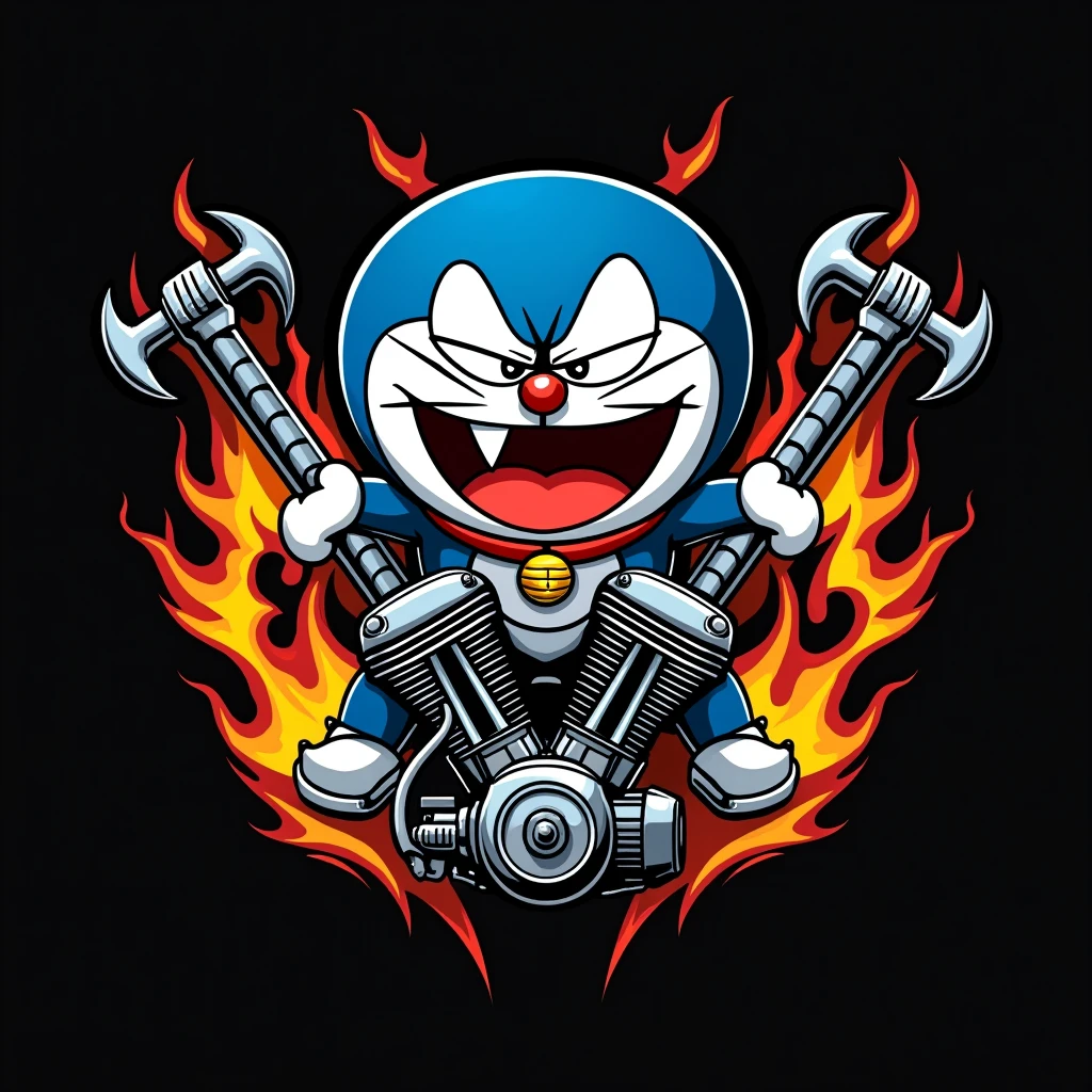 MAKE ME A LOGO FOR MOTORCYCLE CLUB. THE THEME IS ANGRY DORAEMON. THE COLOR IS ONLY BLACK AND WHITE. IN THE LOGO THERE IS A MOTORCYCLE ENGINE AND TOOLS . THE LOOKS IS FLAMMING.