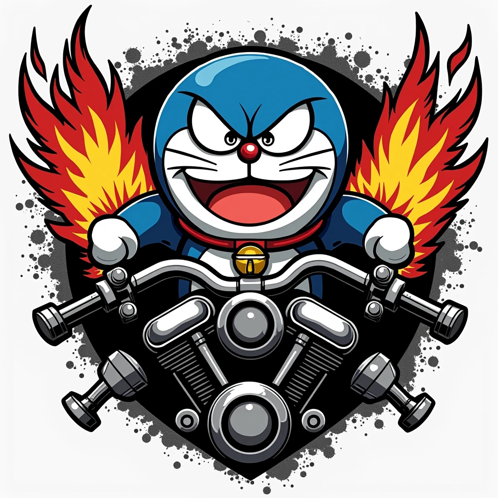 MAKE ME A LOGO FOR MOTORCYCLE CLUB. THE THEME IS ANGRY DORAEMON. THE COLOR IS ONLY BLACK AND WHITE. IN THE LOGO THERE IS A MOTORCYCLE ENGINE AND TOOLS . THE LOOKS IS FLAMMING.