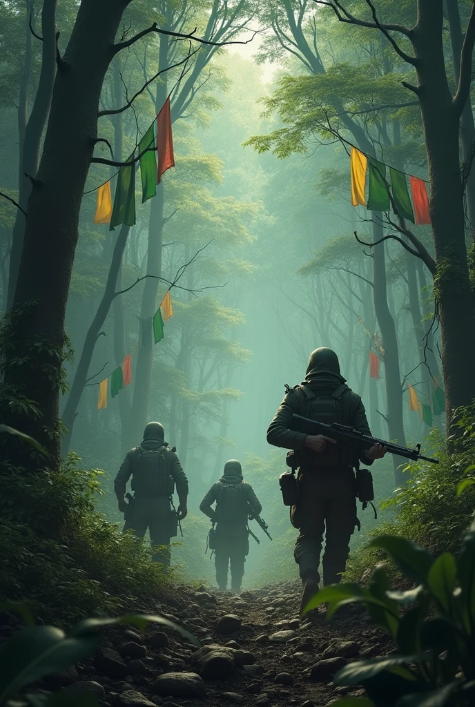 Fano guerilla fighters in the scary jungle that has long trees with green,yellow and red flag respectively,