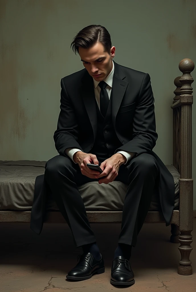 A man sitting on an old iron bed wearing a black suit and coat, holding a phone in his left hand and looking at it, his right hand on his leg, his nose a little long 