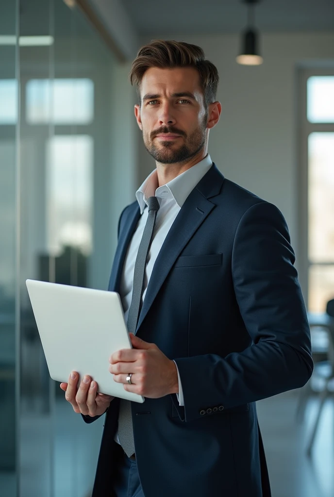 A man holding a electronic laptop 