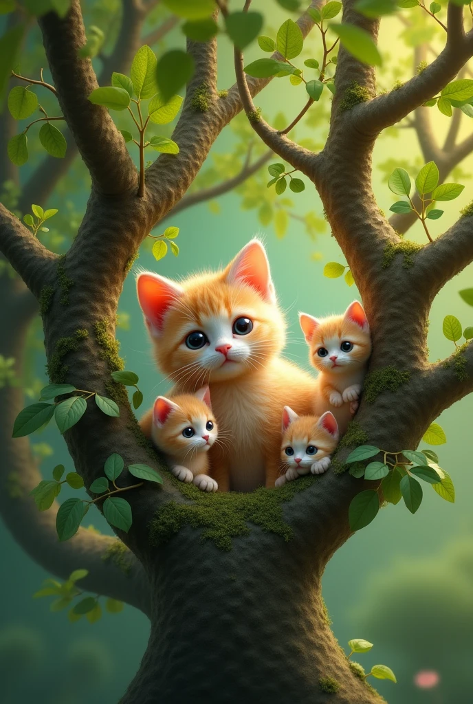 Tiny cat made by tree and its kittens