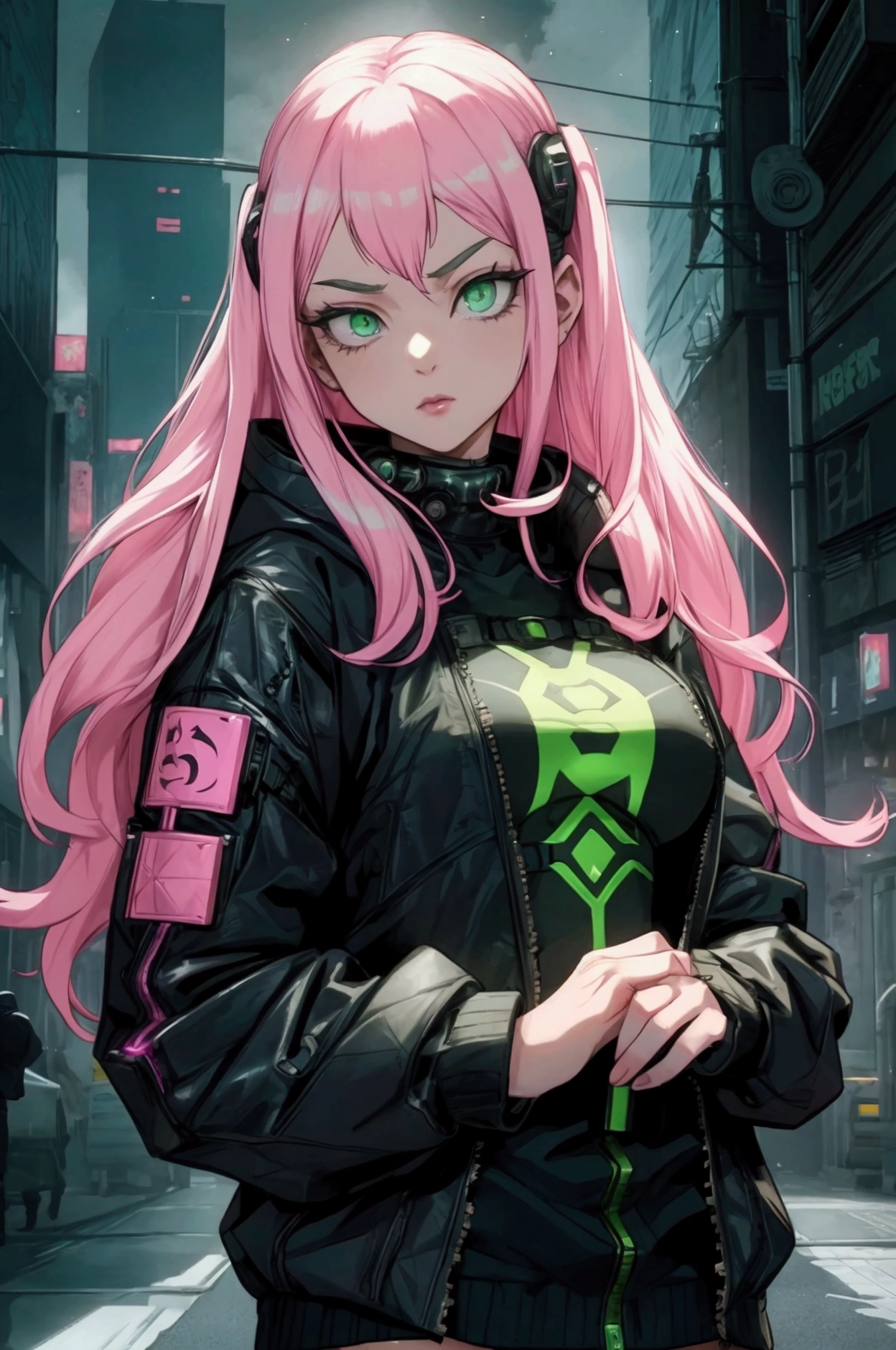 a girl with pink hair that she wears down, and green eyes. She is a villian form MHA. She dresses like she’s in cyberpunk. She has a cyber goth style. She dresses like what but she’s in a modern day time period. 1994. She is in the univers of my hero academia. The smoke. She has kind, almost motherly eyes. She looked like someone to trust. She has very long hair. She’s