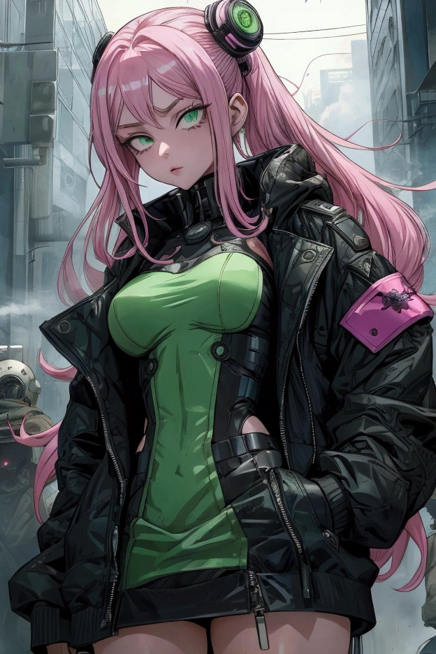 a girl with pink hair that she wears down, and green eyes. She is a villian form MHA. She dresses like she’s in cyberpunk. She has a cyber goth style. She dresses like what but she’s in a modern day time period. 1994. She is in the univers of my hero academia. The smoke. She has kind, almost motherly eyes. She looked like someone to trust. She has very long hair. She’s 15