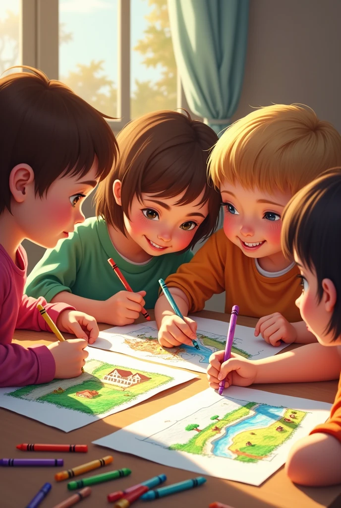Children draw: Some children are sitting on the table drawing pictures with different colored crayons. Some pictures are of landscapes or rural life.