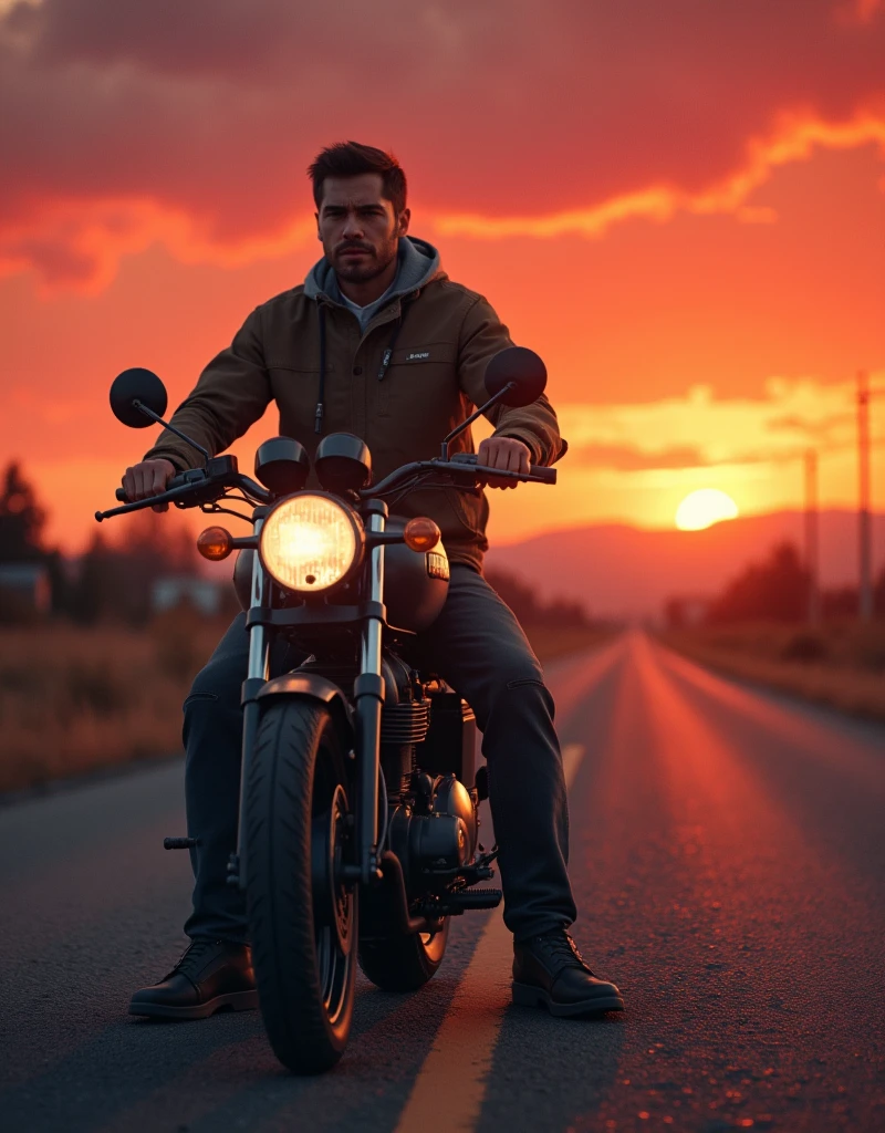 Ek ladke ki bike me puncher ho gya hai or bo tension me hai kyuki wo sunsan road per akela hai , red-orange sky in the evening, warm atmosphere