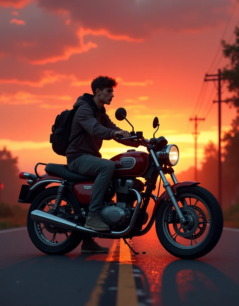 Ek ladke ki bike me puncher ho gya hai or bo tension me hai kyuki wo sunsan road per akela hai , red-orange sky in the evening, warm atmosphere