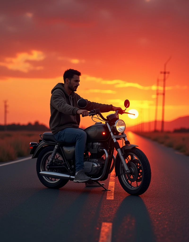 Ek ladke ki bike me puncher ho gya hai or bo tension me hai kyuki wo sunsan road per akela hai , red-orange sky in the evening, warm atmosphere 