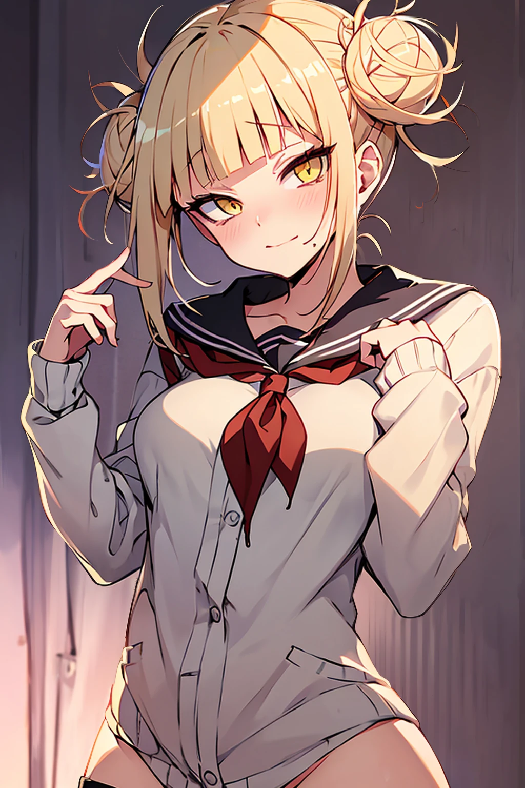 (Himiko toga),(short blond hair with two messy pulps),yellow eyes with thin pupils),(vestindHimiko toga),(short blond hair with two messy pulps),yellow eyes with thin pupils),(wearing),+,(Naked)